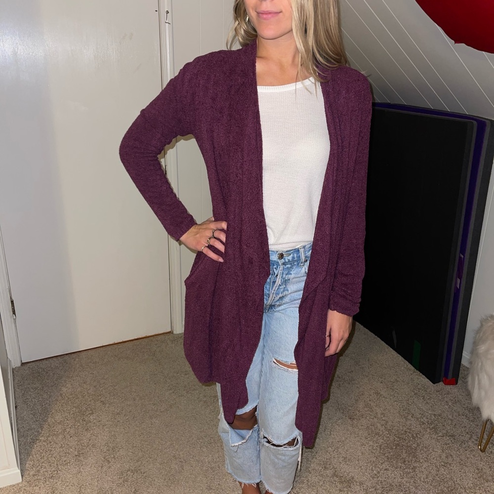Wine Barefoot Dreams cozy chic lite chenille cardigan with pockets ! Size S/M